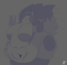anthro areola belly belly_markings belly_overhang big_belly big_breasts big_tail breasts claws eating eyes_closed female food grey_background hair heart_symbol holding_food holding_fork holding_object huge_belly huge_breasts long_hair markings motion_lines multi_tail neck_tuft nude obese obese_anthro obese_female overweight overweight_anthro overweight_female pancake rumbling_stomach simple_background slosh sloshing_belly smile solo sound_effects tail tuft kinguu tsukiko_(kaiji) canid canine fox mammal 2025 hi_res monochrome