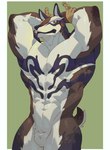 anthro black_stripes eyebrows male multicolored_body muscular muscular_anthro muscular_male rope rope_knot simple_background solo stripes thick_eyebrows cxcxxcxxxx canid canine canis domestic_dog mammal absurd_res hi_res pillarbox