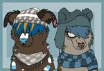 alternative_fashion ambiguous_gender beanie blue_background blue_hair blue_markings blue_nose blue_spots brown_body brown_fur brown_nose button_ears checkered checkered_clothing checkered_scarf clothed clothed_feral clothing duo ear_piercing eyewear facial_piercing feral feral_with_hair floppy_ears fur furgonomic_hat furgonomic_headwear furgonomics gauged_ear glasses grey_beanie grey_clothing grey_hat grey_headwear grey_scarf hair hair_over_eye hair_over_eyes hat headgear headwear lip_piercing lip_ring markings nose_piercing nose_ring one_eye_obstructed opaque_glasses pattern_clothing pattern_scarf piercing ring_piercing scarf simple_background smile snakebite_piercing snout spots spotted_body spotted_fur striped_clothing striped_scarf stripes wearing_glasses white_markings white_spots sebdoggo ice_cream_(super-chey) schadenfreude_(sebdoggo) border_collie canid canine canis collie domestic_dog herding_dog mammal pastoral_dog sheepdog 2013 aliasing bust_portrait digital_drawing_(artwork) digital_media_(artwork) flat_colors low_res microsoft_paint_(artwork) portrait female_(lore) male_(lore)