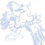 after_transformation beak feral genitals legs_up lying male on_back penis solo spread_legs spreading tapering_penis wings onigrift avian bird stork 1:1 2017 blue_and_white monochrome sketch