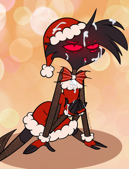 anthro bodily_fluids bow_tie christmas_clothing christmas_headwear clothing cum cum_on_body fingerless_gloves genital_fluids gloves handwear hat headgear headwear holidays male multi_arm multi_eye multi_limb santa_hat solo tongue tongue_out yummynommyy christmas arackniss_(hazbin_hotel) arachnid arthropod demon spider hi_res