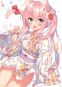 accessory asian_clothing blue_eyes bow_(feature) bow_accessory bow_ribbon clothed clothing east_asian_clothing female flower flower_in_hair furgonomics hair hair_accessory holding_object japanese_clothing obi open_mouth pigtails pink_hair plant ribbons solo tail tail_accessory tail_bow tail_ribbon yukata ichiri animal_humanoid cat_humanoid felid felid_humanoid feline feline_humanoid humanoid mammal mammal_humanoid 2019