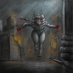 4_fingers 4_toes ambiguous_gender angry big_claws bite bite_mark blood bodily_fluids city city_background cityscape claws destroyed_building destroyed_city ear_bite eye_scar facial_scar feet fingers fire first_person_view fist front_view fur hair horizontal_pupils knife light light_beam looking_at_viewer orange_eyes pupils scar smoke solo sparks speedpaint sunbeam sunlight tail tail_tuft thick_thighs toes tuft white_body white_hair wool_(fur) carlos-a-m the_nature_of_predators arxur_(the_nature_of_predators) humanoid venlil_(the_nature_of_predators) 1:1 hi_res
