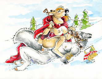 anthro balls bdsm bondage bound breasts clothing corset duo female genitals lingerie male male/female muzzle_(object) muzzled nipples penis topwear heather_bruton canid canine canis deer mammal wolf