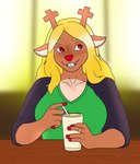 anthro blonde_hair brown_body brown_fur buckteeth clothed clothing container cup digit_ring female freckles fur hair jewelry long_hair looking_away red_eyes red_nose ring smile solo tan_body tan_fur teeth wedding_ring whitestellar deltarune undertale_(series) noelle_holiday deer mammal new_world_deer