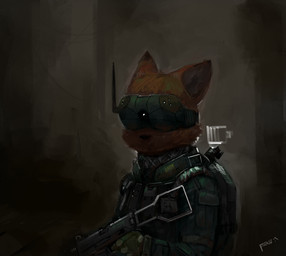 anthro armor backpack body_armor clothed clothing gloves gun handwear holding_gun holding_object holding_ranged_weapon holding_weapon male military ranged_weapon soldier solo visor warrior weapon panzery25 canid canine fox mammal 2017 signature