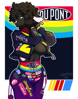anthro big_breasts black_body black_fur breasts clothed clothing ear_piercing ear_tag facial_piercing female fur hair jacket looking_down markings nose_piercing nose_ring open_clothing open_jacket open_topwear piercing pink_markings racing_suit rainbow ring_piercing shaggy_hair solo topwear carrus 3m 76_(gas_station) chevrolet dupont gatorade goodyear mac_tools nascar rca_corporation true_value valvoline jeff_gordon luisana_(uncleiroh609) bovid bovine cattle mammal absurd_res hi_res