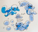 2024 blitzdrachin blue_body bubble conditional_dnp english_text generation_1_pokemon jumping monochrome multiple_poses nintendo overweight pokemon pokemon_(species) pose profanity reptile scalie slightly_chubby smile squirtle standing text traditional_media_(artwork) turtle
