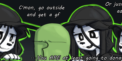 anthro black_background black_eyebrows black_eyes black_hair black_nails black_nose black_tongue clone clothing colored_nails cute_fangs dialogue duo eyebrows eyelashes fangs female fur glowing glowing_pupils green_body green_glow green_skin hair hat headgear headwear hoodie long_hair looking_at_another looking_at_viewer male nails open_mouth pupils simple_background smile teeth text tongue topwear white_body white_fur white_pupils thighlordash anon bridgette_(thighlordash) canid canine canis domestic_dog human hunting_dog mammal terrier english_text