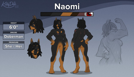 anthro areola biped breasts butt claws feet female fingers front_view fur genitals hair looking_at_viewer navel nipples nude nude_anthro nude_female rear_view smile solo standing tail text toes vulva kittydee canid canine canis domestic_dog mammal 2025 english_text model_sheet