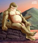 anthro belly belly_overhang foreskin genitals glans green_body humanoid_genitalia humanoid_penis lake male mountain muscular navel nude outside paws penis pink_glans sitting solo water yellow_eyes weirdmarks alligator alligatorid crocodilian reptile scalie absurd_res hi_res