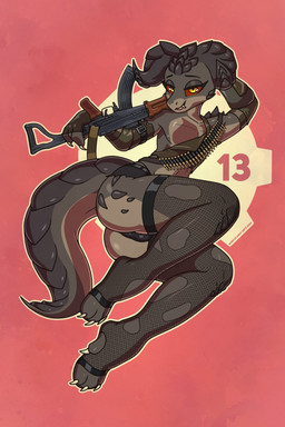 ammo_belt ammunition anthro bottomwear bulge claws clothing fangs femboy fishnet_clothing fishnet_legwear fishnet_stockings gloves gun hand_on_head handwear horn legwear lying male number on_side ranged_weapon red_sclera scales shorts solo tail teeth thigh_highs torn_clothing torn_fishnet_clothing type-93 vault weapon yellow_eyes marcus_gray fallout microsoft ashe_colter deathclaw scalie 2:3 hi_res