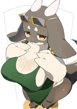 3_fingers 3_toes anthro apron apron_only barefoot big_breasts big_butt breasts butt cat_smile clothing curled_tail ear_piercing ear_ring eyebrows eyewear eyewear_on_head feet female fingers floor floppy_ears green_apron green_clothing grey_body half-closed_eyes hand_on_chest high-angle_view horn kemono looking_at_viewer looking_up looking_up_at_viewer multicolored_body narrowed_eyes nipple_outline non-mammal_breasts piercing pupils ring_piercing simple_background slit_pupils smile smiling_at_viewer snout solo sunglasses sunglasses_on_head tail tan_body thick_tail thick_thighs toes triangle_eyebrows wearing_sunglasses white_background white_eyebrows wide_hips wood wood_floor yellow_eyes wha_shark52 mythology latte_(sme4) dragon mythological_creature mythological_scalie scalie 2026 hi_res
