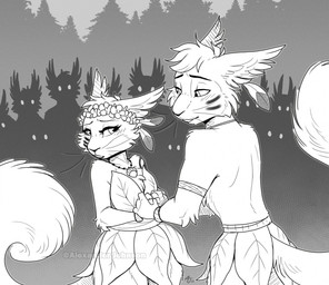 anthro anthro_on_anthro bottomwear clothed clothed_anthro clothed_female clothed_male clothing daww duo eyebrows eyelashes female female_anthro fluffy fluffy_tail fully_clothed fully_clothed_anthro fully_clothed_female husband_and_wife iris leaf_clothing leaf_dress leaf_skirt lovers_moment male male/female male_anthro married_couple plant_clothing plant_dress plant_skirt pupils romantic romantic_ambiance romantic_couple tail topless topless_anthro topless_male tribal wedding whiskers alexjohnsonart twig_(angart) willow_(angart) mammal rodent sciurid tree_squirrel 2026 hi_res