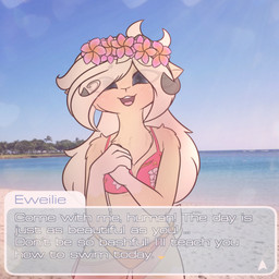 accessory anthro beach bikini clothing eweilie_bashvee_(milnegake_cherret) female flower flower_accessory flower_crown flower_in_hair hair hair_accessory hawaii horn human_on_anthro interspecies plant sea swimwear two-piece_swimsuit visual_novel_interface water milnegake_cherret star_trek bovid caprine human mammal sheep 1:1 hi_res