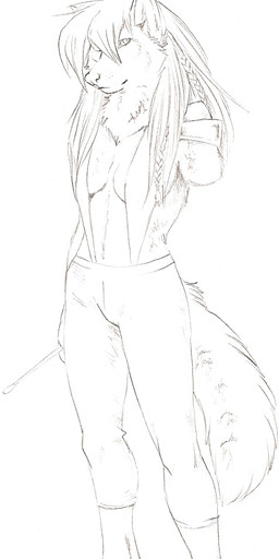 amputee anthro biped braided_hair clothed clothing convenient_censorship disability female fur hair hair_covering_breasts riding_crop simple_background solo standing tail topless whip white_background hibbary canid canine canis mammal wolf black_and_white censored hi_res monochrome sketch