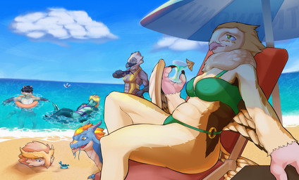 abs alcohol amber_eyes anthro apprehensive asphyxiation beach beach_background beach_chair beach_umbrella beak belly beverage big_breasts bikini bikini_bottom bikini_top black_hair blonde_hair blue_body blue_scales breasts brown_body brown_feathers brown_fur buried buried_in_sand calm chair clear_water clothing cloud cocktail_glass container cup drinking_glass drowning feathers female flirting floating fur furniture glass glass_container glass_cup green_body green_clothing green_eyes green_scales green_swimwear grey_body grey_fur group hair lounge_chair lounging male medium_breasts multicolored_body multicolored_fur one-piece_swimsuit orange_body orange_feathers orange_fur parasol purple_eyes relaxing sand scales sea small_breasts sunny swimming swimming_trunks swimwear two-piece_swimsuit water wet white_body white_fur wings worried tntwonip mythology accipitriform arthropod avian bird crab crustacean decapod dragon eel fish lagomorph leporid malacostracan mammal marine mythological_creature mythological_scalie owl procyonid rabbit raccoon scalie vulture hi_res