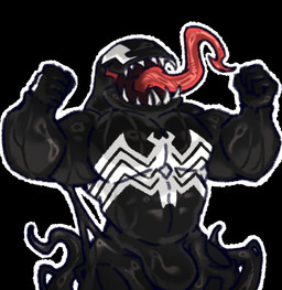 abs after_transformation anthro bulge clothing duo flexing goo_transformation male male/male muscular muscular_male open_mouth pecs suit suit_transformation takeover tendrils tongue tongue_out transformation behimosfreud marvel magunm venom_(marvel) canid canine canis mammal symbiote wolf hi_res
