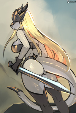 anthro armor armwear bare_shoulders big_breasts black_armwear black_clothing black_crop_top black_legwear black_shirt black_stockings black_topwear blonde_hair breasts butt cleavage clothed clothing crop_top female glistening glistening_body grey_body hair headgear helmet holding_melee_weapon holding_object holding_sword holding_weapon legwear long_hair long_snout melee_weapon outside rear_view shirt sky snout solo standing stockings straight_hair sword tail topwear weapon zetsuboucchi mythology dragon mythological_creature mythological_scalie scalie wingless_dragon 2026 colored colored_sketch digital_drawing_(artwork) digital_media_(artwork) hi_res shaded sketch