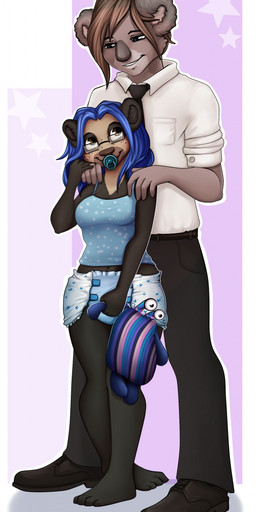 anthro barefoot blue_hair breasts clean_diaper clothed clothing diaper duo eyewear feet female fur glasses grey_body grey_fur grey_hair hair male object_in_mouth pacifier pacifier_in_mouth smile wearing_diaper robyn_paperdoll koala mammal marsupial vombatiform digital_media_(artwork) hi_res shaded