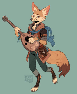 anthro bottomwear clothed clothing digitigrade green_background lute male musical_instrument pants plucked_string_instrument simple_background solo string_instrument morteraphan canid canine fox mammal