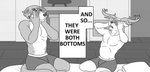 anthro athletic beastars bed bedroom biceps blush both_bottoms_meme boxers_(clothing) canid canine canis cervine clothed clothing deer delusion duo english_text eyes_closed furniture gerboar hi_res legoshi_(beastars) louis_(beastars) male male/male mammal monochrome muscular pecs red_deer text topless underwear wolf