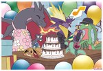 ambiguous_gender apron balloon box cake clothing container dessert fire food furniture gift_box group hat headgear headwear inflatable jacket musical_note musical_symbol party_hat symbol table topwear volmise nintendo pokemon pokemon_mystery_dungeon spike_chunsoft amped_toxtricity charizard dreepy eevee generation_1_pokemon generation_3_pokemon generation_8_pokemon grovyle pokemon_(species) shiny_pokemon toxtricity