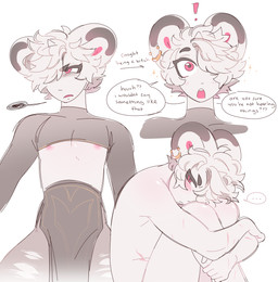 angry anthro blush clothing crop_top ear_piercing ellipsis exclamation_point expressions femboy hair hair_over_eye male nipples nude piercing red_eyes shirt simple_background speech_bubble surprised text topwear slimeboys chris_(slimeboys) mammal mouse murid murine rodent 2025 english_text hi_res