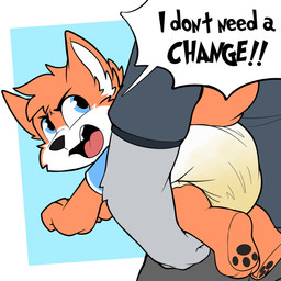 anthro big_diaper blue_clothing blue_shirt blue_topwear bodily_fluids clothed clothing diaper genital_fluids lifted looking_back male partially_clothed pawpads shirt solo speech_bubble topwear unclean_diaper urine used_diaper wearing_diaper wet_diaper young young_anthro young_male baltnwolf scott_james(scoty_doodlerz) canid canine fox mammal 1:1 absurd_res hi_res