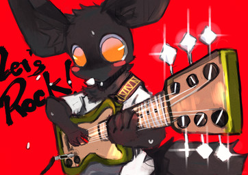ambiguous_gender anthro black_body black_fur blush bodily_fluids clothing electric_guitar fluffy fluffy_ears fluffy_tail fur glint glistening glistening_eyes guitar kemono musical_instrument no_pupils orange_eyes playing_guitar playing_music plucked_string_instrument red_background shirt simple_background solo string_instrument sweat tail text topwear white_clothing white_shirt white_topwear dinogaize mighty_(dinogaize) 2015