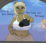 5_fingers anthro belly big_breasts biped blue_eyes bottomwear breasts brown_body brown_fur car_door car_window clothed clothing dialogue ear_piercing ear_ring female female_anthro fingers fur gun hair hand_on_hip handgun holding_gun holding_object holding_ranged_weapon holding_weapon looking_at_viewer narrowed_eyes navel nipple_outline nipple_piercing_outline pants piercing pistol pointing_gun pointing_gun_at_viewer ranged_weapon ring_piercing shirt solo swimwear talking_to_viewer tan_bottomwear tan_clothing tan_hair tan_pants tank_top text thick_thighs thong tongue tongue_out topwear two-piece_swimsuit underwear weapon white_clothing white_shirt white_tank_top white_topwear wide_hips neeno whataburger neeno_(character) domestic_cat felid feline felis mammal 2024 colored digital_drawing_(artwork) digital_media_(artwork) english_text hi_res shaded gynomorph_(lore)
