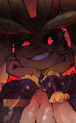 anthro big_breasts black_sclera bracelet breasts brown_body brown_fur cleavage clothed clothing crazy_eyes creepy_face female fur grin jewelry long_ears looking_at_viewer red_eyes smile solo spiked_bracelet spikes teeth yandere thwillartz nintendo pokemon generation_4_pokemon lagomorph leporid lopunny mammal pokemon_(species) headshot_portrait hi_res portrait