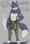 anthro barefoot black_sclera bracelet cigar clock clothing feet gloves grinning_at_viewer hair hair_over_eye handwear jewelry male muscular muscular_male neck_tuft solo tuft watch meatboom blitz_wulfen canid canine canis mammal wolf hi_res model_sheet