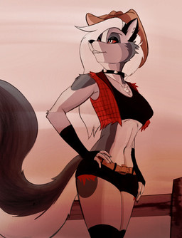 alternative_fashion belly bottomwear clothing collar country cowboy cowboy_hat cowgirl_outfit crop_top daisy_dukes denim denim_bottomwear denim_clothing denim_shorts ear_piercing ear_ring female goth hat headgear headwear hotpants midriff navel piercing ring_piercing shirt shorts solo sunset topwear western wild_west francisthefurry hellaverse helluva_boss mythology loona_(helluva_boss) canid canid_demon canine canis demon hellhound mammal mythological_canine mythological_creature wolf absurd_res hi_res