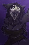 2018 absurd_res ahegao anterior_nasal_aperture anthro big_breasts black_body black_clothing black_dress black_fur black_hair black_tongue bodily_fluids bone breasts canid canine cleavage clothed clothing digital_media_(artwork) dimwitdog dress drooling eyelashes female fur hair hand_on_breast hi_res holding_breast in_heat looking_at_viewer looking_pleasured malo mammal minidress monster mouth_shot nipple_outline open_mouth saliva scp-1471 scp-1471-a scp_foundation selfie simple_background skull solo thick_thighs tongue