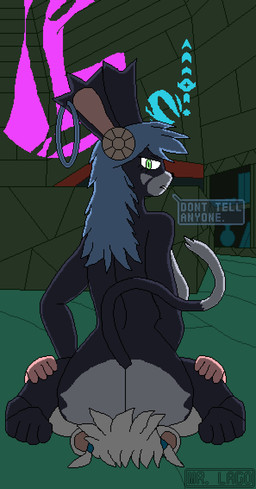 ambiguous_gender anthro biped black_body black_fur blue_ear_ring blue_eyes blue_hair detailed_background dialogue don't_tell duo ear_piercing facesitting female female/ambiguous female_anthro female_focus fur green_eyes hair hand_on_leg hand_on_thigh lying on_back piercing rear_view sex sitting sitting_on_another solo_focus white_body white_fur mr._lago atlyss vivian_(atlyss) chang_(atlyss) poon_(atlyss) absurd_res digital_media_(artwork) hi_res pixel_(artwork) watermark