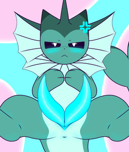 2_penises angry animal_genitalia animal_penis anthro anus blue_penis cetacean_genitalia cetacean_penis diphallism feral fin first_person_view front_view genital_slit genitals grumpy hand_on_chest hemipenes long_penis looking_at_viewer lying male mane multi_genitalia multi_penis multicolored_body nude on_back penis presenting simple_background solo spread_legs spreading tail tapering_penis hikiwi nintendo pokemon fan_character kelp_(hikiwi) eeveelution generation_1_pokemon pokemon_(species) vaporeon colored digital_media_(artwork) hi_res