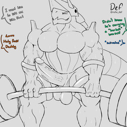 anthro balls barbell big_balls big_penis deadlift dialogue erection exercise eyes_closed genitals horn humanoid_genitalia humanoid_penis male muscular muscular_anthro muscular_male nude offscreen_character pecs penis solo text vein veiny_arms veiny_penis weightlifting workout nsfw_def nintendo pokemon aggron generation_3_pokemon pokemon_(species) 1:1 english_text hi_res sketch