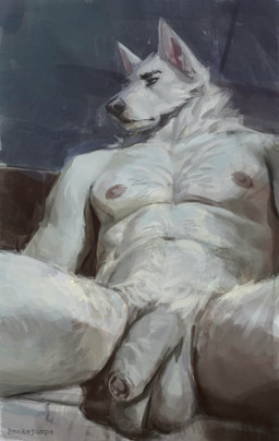 abs anthro balls black_nose flaccid foreskin fur genitals humanoid_genitalia humanoid_penis male muscular muscular_male nipples nude nude_anthro nude_male painterly pecs penis pointy_ears saggy_balls sitting solo uneven_balls white_balls white_body white_fur white_penis mokejumps canid canine canis mammal wolf 2025 hi_res