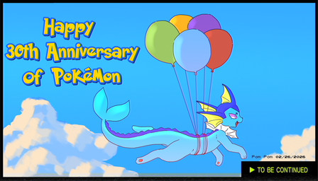 ambiguous_gender anniversary balloon blue_body cloud dorsal_fin ear_fins fangs feral fin fish_tail flying frill_(anatomy) inflatable neck_frill open_mouth outside pawpads quadruped sky smile solo tail teeth text tied_to_balloon to_be_continued tongue pom_pom(artist) nintendo pokemon eeveelution generation_1_pokemon pokemon_(species) vaporeon digital_media_(artwork) english_text hi_res