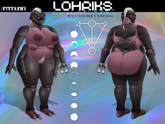 anthro areola armor back_tattoo belly big_areola big_breasts big_nipples black_armor blue_eyes body_hair breasts chest_tattoo claws clothing female female_anthro glowing glowing_eyes glowing_scar grey_claws hair happy_trail huge_breasts mature_anthro mature_female metal_hand metal_jaw montgomery_glands multi_arm multi_breast multi_limb nipple_chain nipple_piercing nipples nude nude_anthro nude_female overweight overweight_anthro overweight_female piercing ponytail prosthetic prosthetic_hand prosthetic_jaw pubes purple_body purple_skin scar simple_background solo tattoo text white_hair band1tnsfw bungie destiny_(series) destiny_2 alien eliksni 4:3 absurd_res digital_media_(artwork) english_text hi_res model_sheet