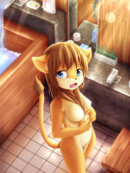 4_fingers anthro bathroom biped black_nose blue_eyes breasts brown_hair brown_tail_tuft brown_tuft claws countershade_fur countershading detailed_background eyebrow_through_hair eyebrows fangs female female_anthro finger_claws fingers floor fur hair high-angle_view inner_ear_fluff inside long_hair long_tail medium_breasts multicolored_body multicolored_fur navel neck_tuft nipples nude nude_anthro nude_female open_mouth pink_tongue pupils solo standing tail tail_tuft teeth tile tile_floor tongue translucent translucent_hair tuft whiskers white_body white_claws white_countershading white_fur yellow_body yellow_fur sinelesh felid lion mammal pantherine 2020 hi_res portrait three-quarter_portrait