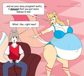 anthro belly big_belly big_breasts blonde_hair blue_eyes bottomwear breasts clothed clothing controller copyright_symbol dialogue dialogue_box duo female fur game_controller hair hyper hyper_pregnancy lingerie male multicolored_body multicolored_fur navel open_mouth outie_navel panties pants pregnant pregnant_anthro pregnant_female red_eyes shirt speech_bubble stated_paternity symbol text topwear two_tone_body two_tone_fur underwear satsumalord angel_(gamemaster19863) nero_(gamemaster19863) canid canine fox mammal 2015 comic_sans digital_media_(artwork) english_text