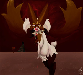 abstract_background anthro biped black_body black_cape black_clothing black_fur black_mask blood blood_drip blood_from_mouth blood_in_mouth bodily_fluids cape clothing dark_mask dripping fangs fur hair looking_at_viewer open_mouth solo tail teeth white_body white_eyes white_fur white_hair white_tail yellow_sclera halfbaked-hope nintendo pokemon generation_9_pokemon meowscarada pokemon_(species) 2025 absurd_res hi_res signature