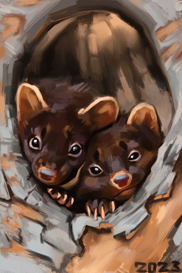 black_eyes brown_body brown_fur duo feral fur heads_together in_tree markings plant short_fur tan_markings tree young alexpahomov gulonine mammal marten mustelid musteline pine_marten 2023 2:3 digital_media_(artwork) digital_painting_(artwork) hi_res painting_(artwork)