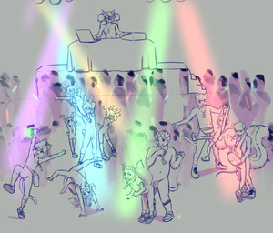 5_fingers anthro backpack breasts clothing computer crowd detailed_background disc_jockey electronics excited eyewear fanny_pack female fingers flaccid footwear genitals gesture glasses glowstick glowstick_bracelet group humanoid_genitalia humanoid_penis humanoid_vulva lanyard laptop legwear male navel party penis shoes small_breasts smile socks suggestive suggestive_gesture thigh_highs vulva wearing_glasses young young_anthro young_female young_male aogami cub_con aria_(aogami) daedalus_(aogami) hymn_(aogami) melody_(aogami) nicky_(aogami) sammy_(aogami) canid canine domestic_cat felid feline felis fox lagomorph leporid mammal mephitid rabbit skunk 2025 absurd_res comic digital_drawing_(artwork) digital_media_(artwork) hi_res line_art monochrome shaded shaded_line_art