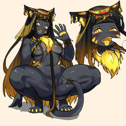 4_toes 5_fingers accessory ankle_band anthro big_breasts biped black_body black_ears black_fur black_hair black_inner_ear black_tail blush blush_lines bottomless bottomless_anthro bottomless_female breasts butt cheek_markings chest_tuft circlet claws clothed clothing crouching disembodied_hand duo ear_piercing ear_ring eye_markings eyebrows eyelashes facial_markings fangs feet female female_anthro finger_claws fingerpads fingers fish_hooking front_view fur furgonomics gesture glistening glistening_eyes gold_(metal) gold_jewelry gradient_hair hair head_markings humanoid_hands inner_ear_fluff jewelry kemono long_hair looking_at_viewer markings monotone_tail multicolored_body multicolored_fur multicolored_hair open_mouth open_smile orange_hair pawpads pectoral_(jewelry) piercing pupils ring_piercing sash sharp_teeth simple_background skimpy slit_pupils smile solo solo_focus spread_legs spreading tail tail_accessory tailband teeth toe_claws toes tongue tongue_out topwear tuft two_tone_body two_tone_fur waving waving_at_viewer white_background wristband yellow_body yellow_claws yellow_eyes yellow_fur yellow_inner_ear_fluff yellow_markings yellow_pawpads yellow_tongue kagarimachi_ame egyptian_mythology middle_eastern_mythology mythology bast deity domestic_cat felid feline felis mammal 1:1 2025 absurd_res colored digital_media_(artwork) digital_painting_(artwork) full-length_portrait headshot_portrait hi_res multiple_images painting_(artwork) portrait shaded