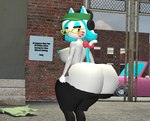 accessory anthro big_butt bottomwear bow_ribbon breasts butt clothing eyewear female furgonomics glasses hair huge_butt huge_thighs outside pants ribbons solo tail tail_accessory tail_bow tail_ribbon text thick_thighs undressing white_body white_hair kaibernation_2 glitch_productions smg4 karen_(smg4) domestic_cat felid feline felis mammal 3d_(artwork) digital_media_(artwork) english_text