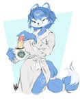 anthro bathrobe beverage blue_body blue_fur blue_hair butter cheek_tuft clothing coffee coffee_mug crown dairy_products facial_tuft female food fur hair half-closed_eyes headgear multicolored_body multicolored_fur narrowed_eyes robe smile smirk smug smug_face solo tiara tuft two_tone_body two_tone_fur white_body white_fur dullvivid nintendo star_fox krystal_(star_fox) canid canine fox mammal hi_res