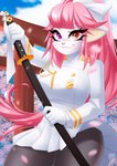 5_fingers anthro big_breasts breasts cherry_blossom clothing female fingers flower hair heterochromia melee_weapon orange_eyes outside pink_hair plant prunus_(flower) purple_eyes smile solo sword teeth weapon dannyckoo tresertf mammal hi_res signature